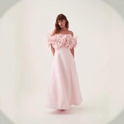 欧洲小众2025春季A字裙一字领立体花朵修身长款连衣裙女4365-1