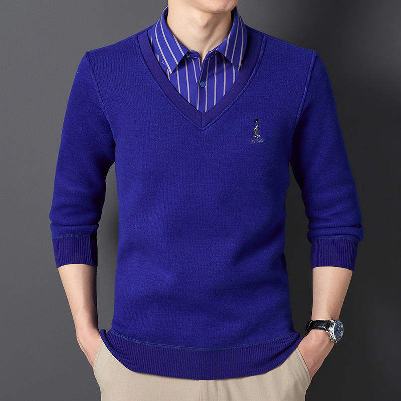 冬季羊毛假两件保暖衬衫男加绒加厚休闲修身青年打底男装衬衣长袖