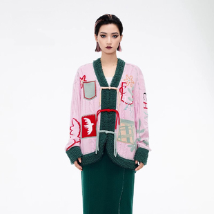 CHAU.RISING/洲升2024冬季新款新中式绣花羊毛针织开衫上衣外套女