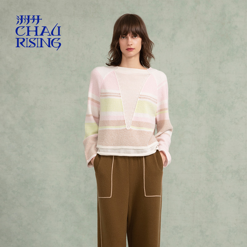 洲升/CHAU.RISING2025秋季新款两穿条纹羊绒衫撞色套头毛衣显瘦女