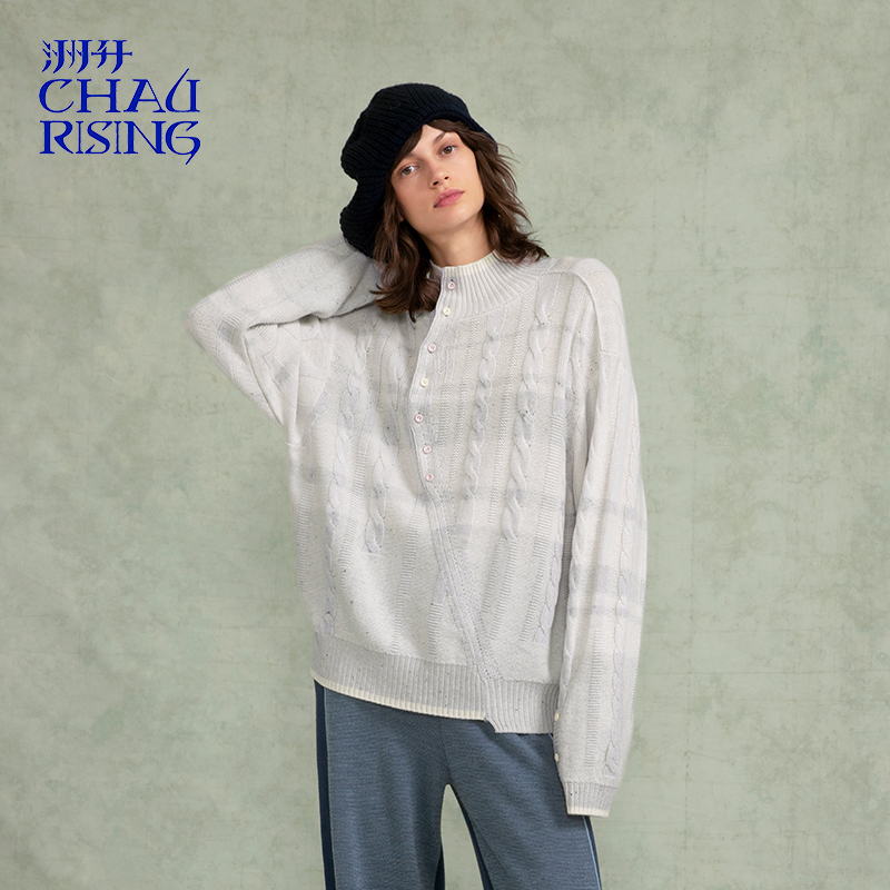 洲升/CHAU.RISING2025秋冬新款斜襟半高领羊绒条纹衫简约套头毛衣