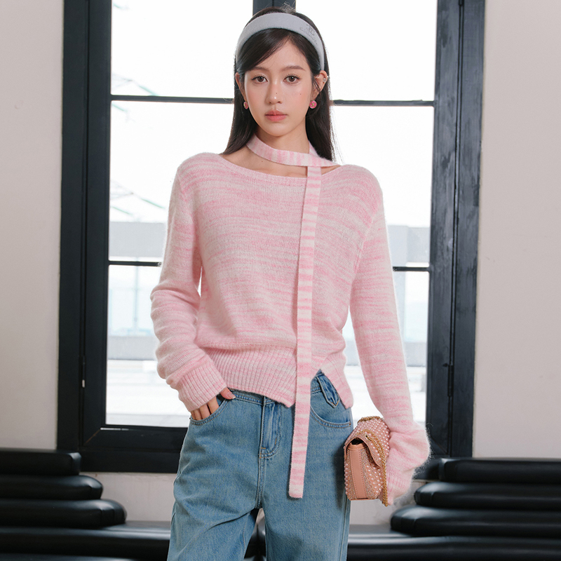 YEESIN2025秋冬新款云粉羊绒混纺针织上衣飘带段染套头衫休闲百搭