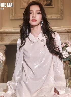 MAI DIRE MAI2024秋冬新款亮片钻扣翻领花苞袖礼服连衣裙气质优雅