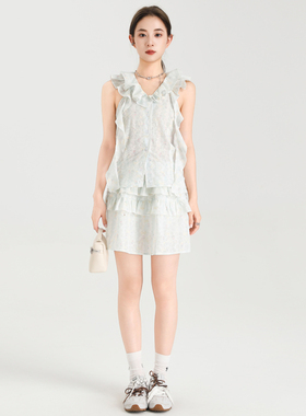 QUEEN DATE2025夏季新款浅绿色花纹荷叶领无袖衬衣荷叶边层叠半裙