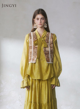 GUO JINGYI2026春夏新品简约轻奢感卡其波伊姆花边宽松马甲女士