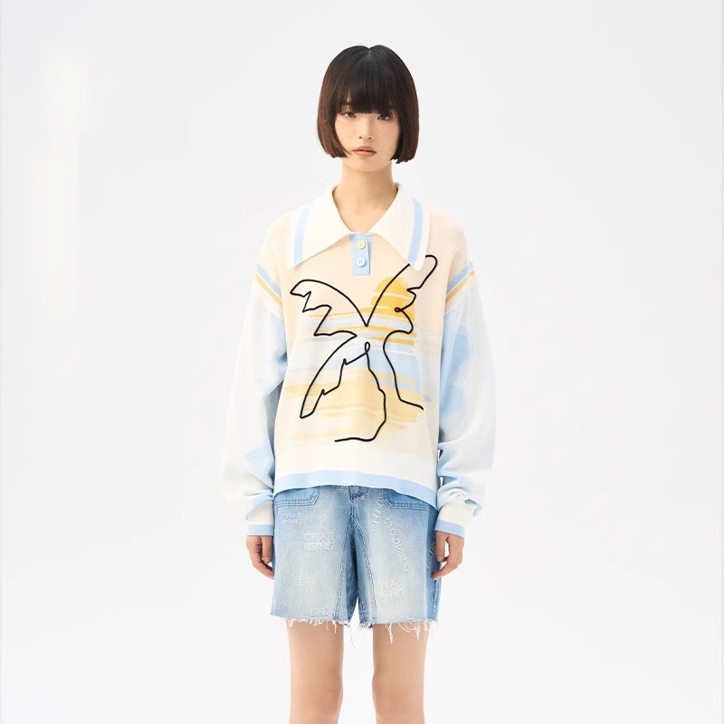 CHAU.RISING/洲升设计师24春夏新款女薄款毛衣海滩日出polo针织衫