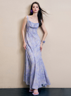 MON MYSTERE 设计师品牌2024春夏新款蓝紫色插片露背连衣裙度假风