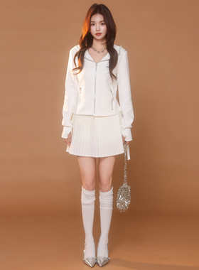 QUEEN DATE25春夏新款白色logo珍珠连帽外套蝴蝶结蕾丝拼接百褶裙