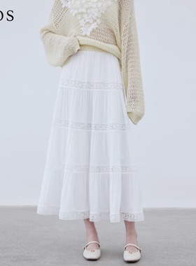LJOS2025春夏新款蕾丝花边装饰百搭半身裙白色长裙知性温柔中长裙
