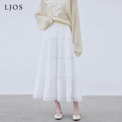 LJOS2025春夏新款蕾丝花边装饰百搭半身裙白色长裙知性温柔中长裙