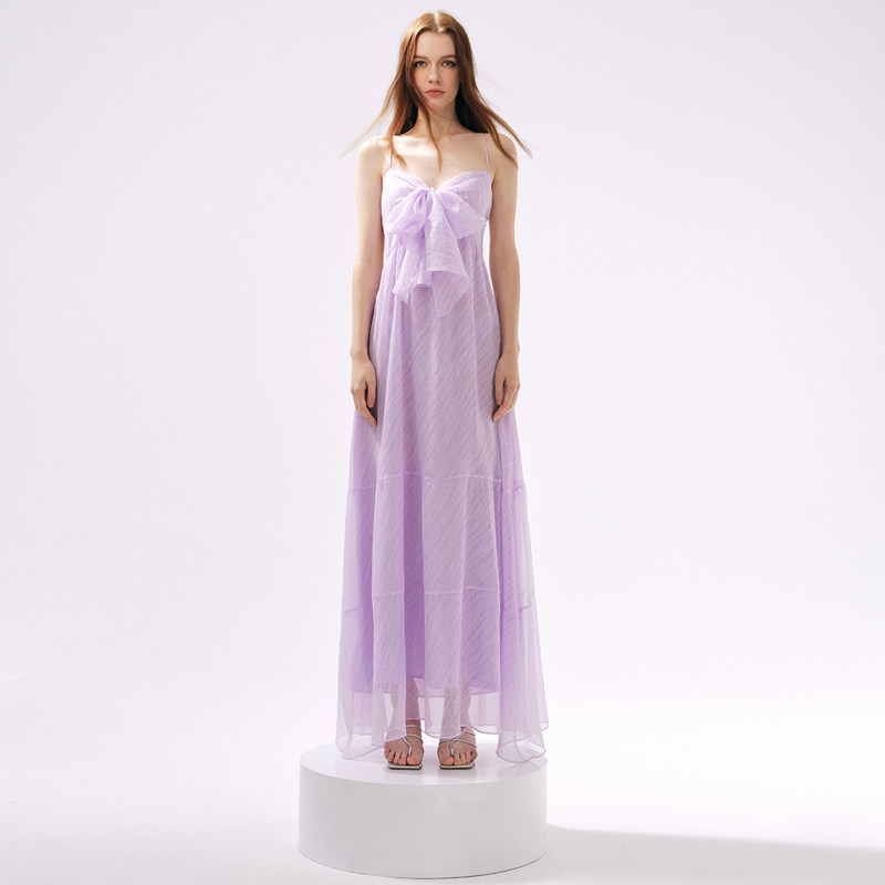 MOOD X MIURA2025春夏新品Amethyst紫色雪纺蝴蝶结吊带露背长裙女
