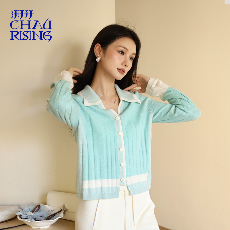 洲升/CHAU.RISING2025秋冬新款撞色修身羊绒开衫基础撞色开衫外套