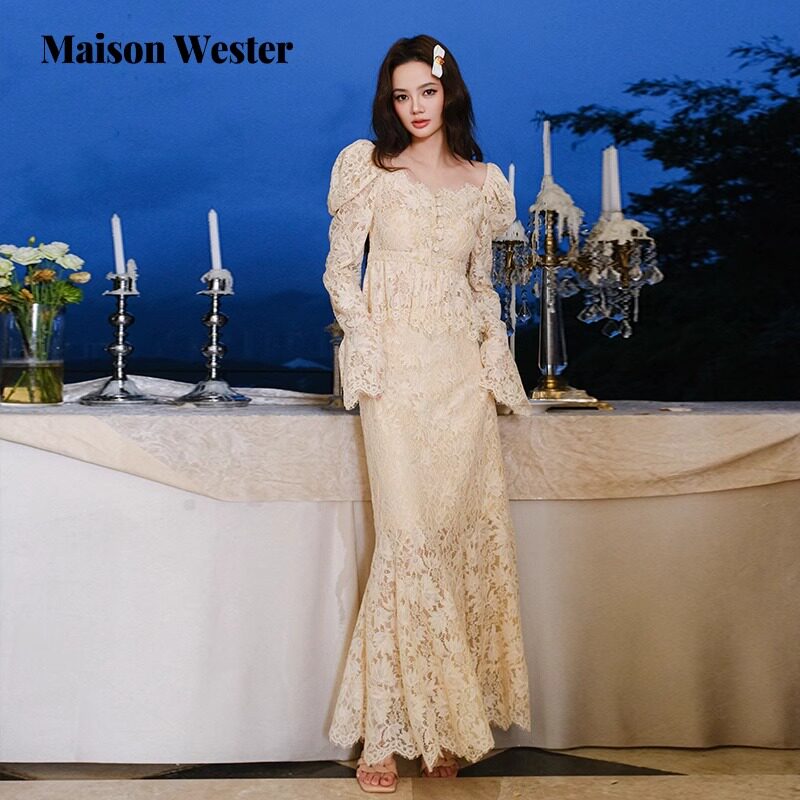Maison Wester2025秋季新品流行女士蕾丝绮梦泡袖宫廷风裙裤套装