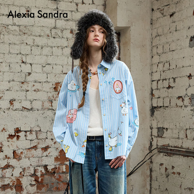 Alexia Sandra2025秋季新款啵啵鸭蓝色印花条纹长袖衬衫女设计感