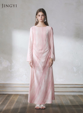 GUO JINGYI2026春夏新款印花长袖圆领气质长袖连衣长裙女士两色