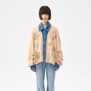 CHAU.RISING/洲升24春夏新款绣花羊毛牛仔拼接开衫女宽松毛衣外套