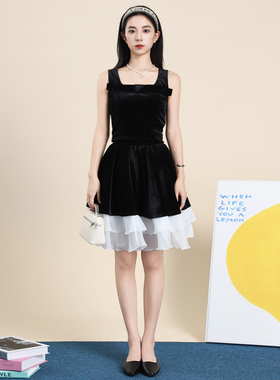 QUEEN DATE2025秋冬新款黑色丝绒短款小背心白纱拼接a字半裙套装