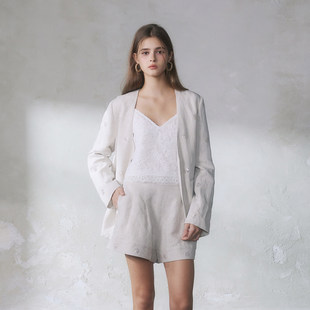 GUO JINGYI2026春夏简约感浅卡其亚麻绣珠oversize西装外套女士