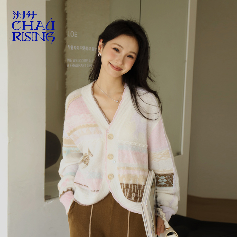 洲升/CHAU.RISING2025秋冬新款费尔岛圈圈羊绒开衫复古毛衣外套女