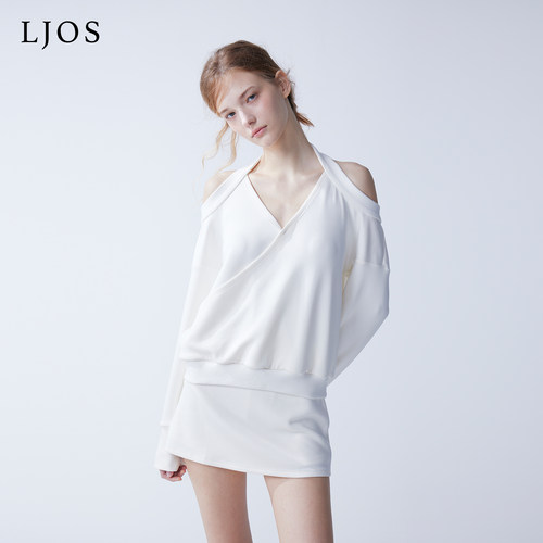 【王奕婷同款】LJOS奶油白挂脖休闲卫衣裙裤2025早秋两件套露肩