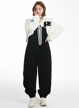 LEISURE2025春夏新款白色条纹飘带海军领上衣Pu皮拼接口袋背带裤