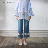 日常休闲流苏边九分复古蓝牛仔裤 GUO JINGYI2026春夏新品 女士百搭