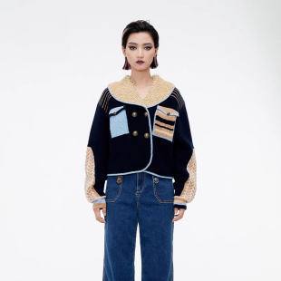 CHAU.RISING/洲升2024秋冬新款圈圈领撞色羊毛短款夹克外套上衣女