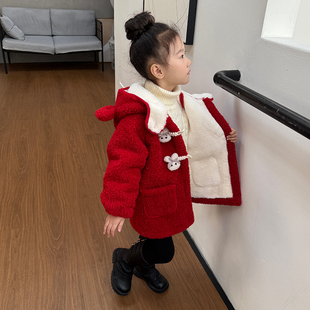 女童加绒中长款大衣秋冬款2026新款儿童连帽仿兔毛外套宝宝毛毛衣