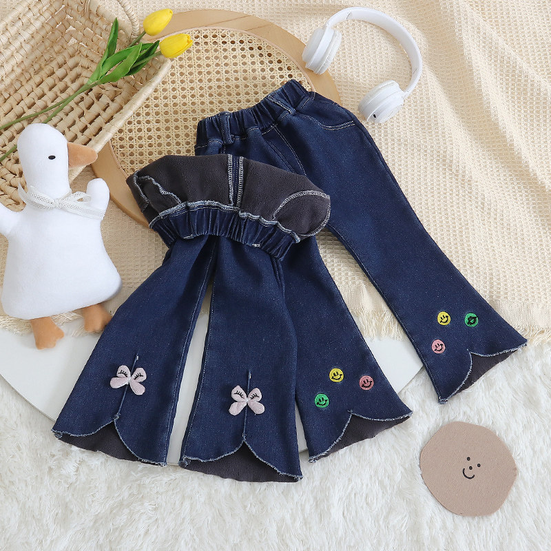 女童冬季牛仔裤时尚女宝宝一体绒长裤儿童休闲百搭加绒保暖喇叭裤