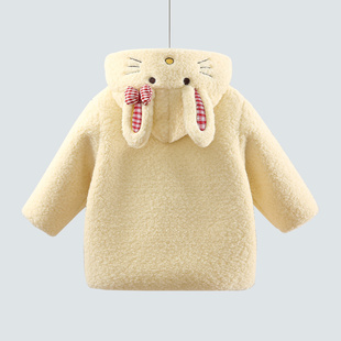 女童加绒外套秋冬连帽卡通女宝宝1-3岁5公主毛毛衣儿童仿兔毛大衣