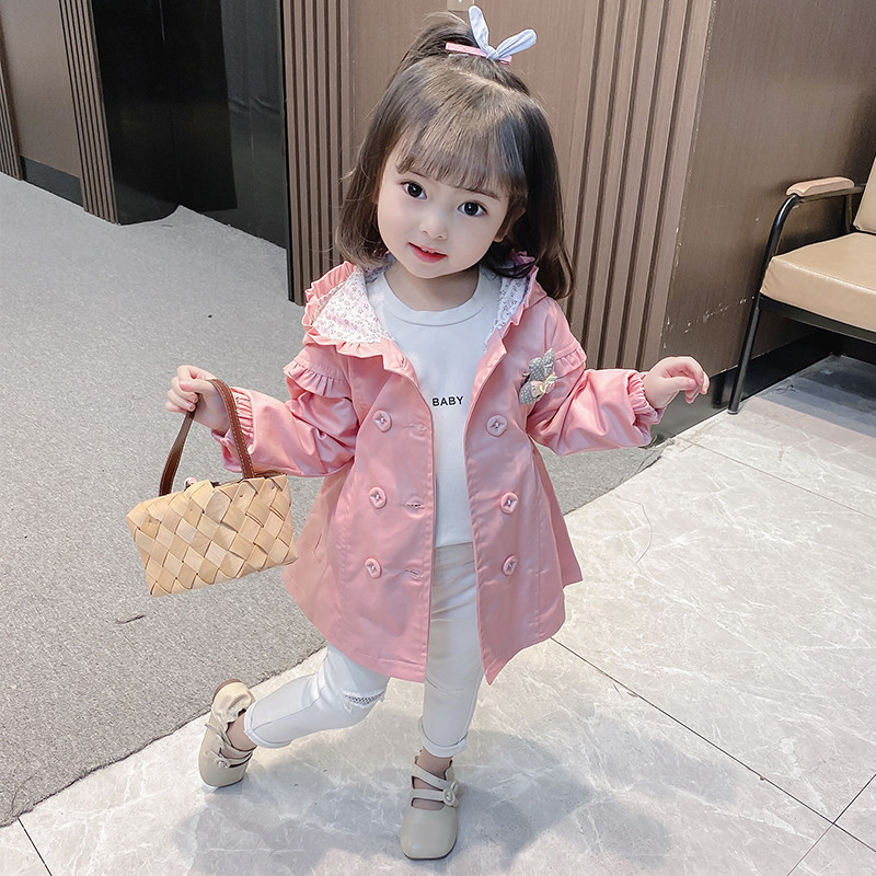女童外套春季2026新款儿童连帽双排扣中长款风衣宝宝可爱收腰上衣