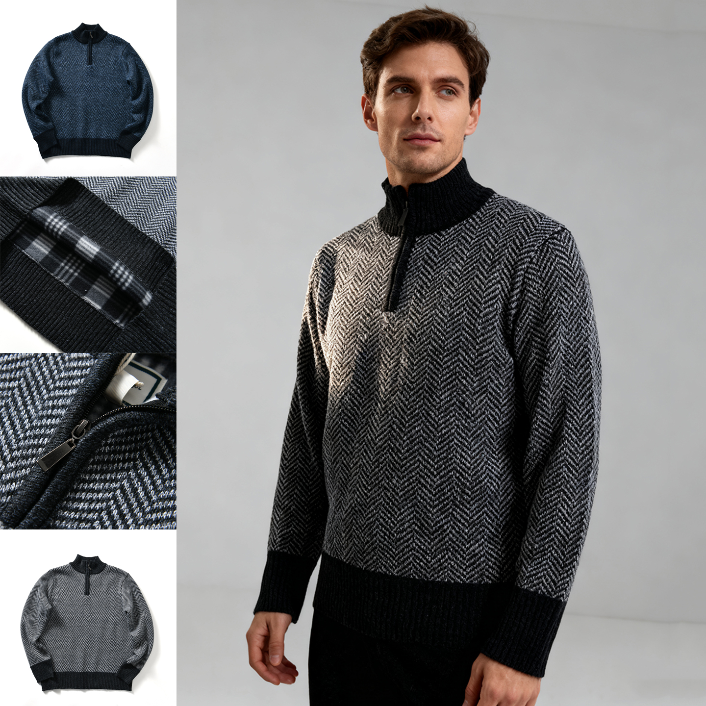 【欧美单~内里加绒~外贸尾货】秋冬季男士半拉链立领休闲针织毛衣