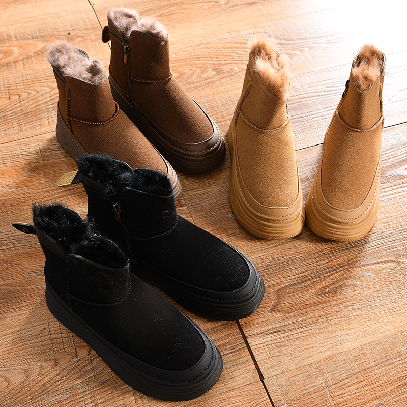 【兔毛拼接~反绒牛皮鞋面-外贸尾货】冬季女时尚百搭防滑雪地靴潮