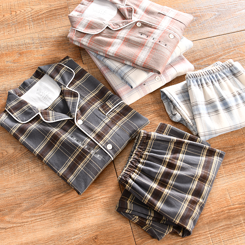 【日单-全棉纱线-外贸尾货】秋冬季男女款翻领格子家居睡衣套装潮