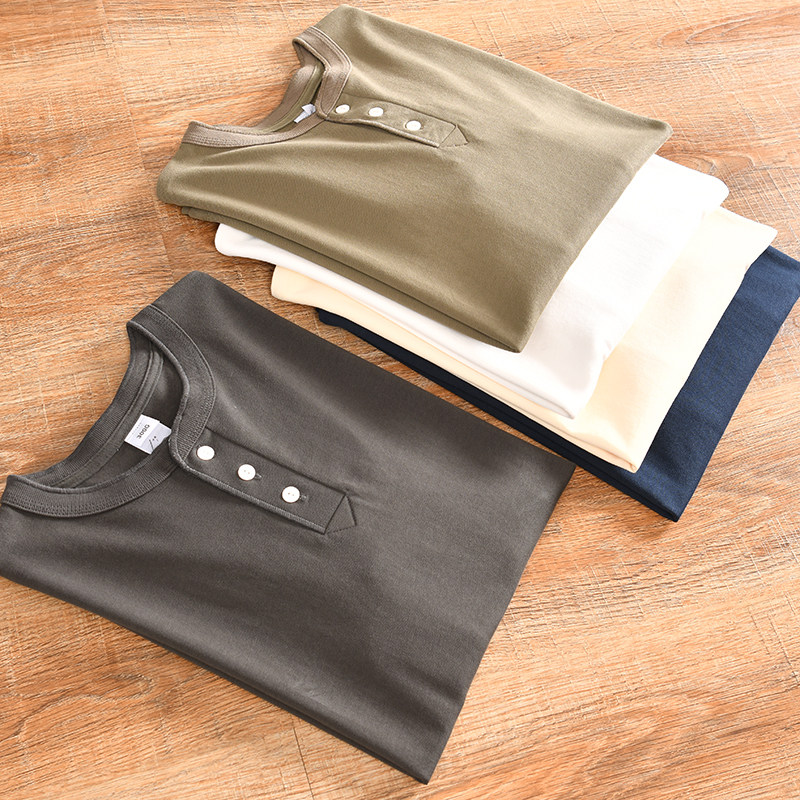 【300克精硫棉+美式复古！ODM订单】秋冬季男士亨利领纯色长袖T恤