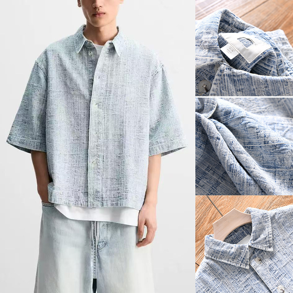 【西班牙小众~做旧复古+外贸尾货】夏季男宽松微阔衬衫式短袖外套