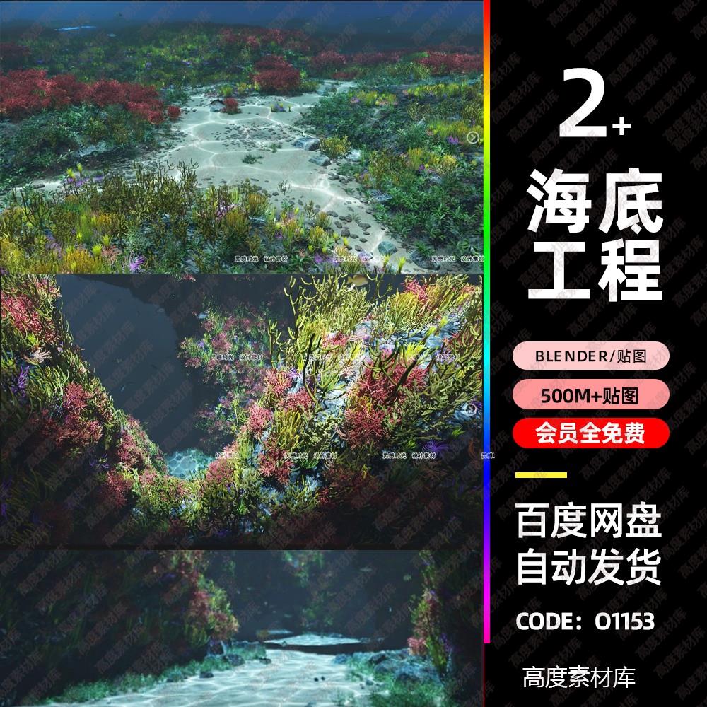 blender水下水面场景珊瑚海底3d模型水草植物岩石暗礁工程文件