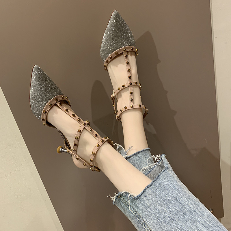 2022春季新款韩版铆钉尖头浅口百搭性感闪亮片细跟高跟单鞋女鞋子|ruв категории Женская обувь, низкий чистка - от Buy2taobao.com для оказания профессиональной услуги покупки агента Taobao