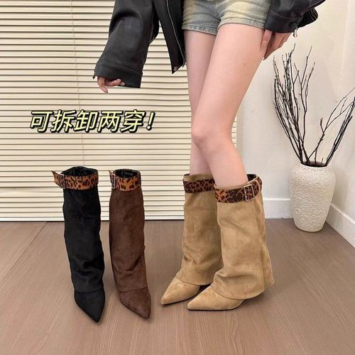 软皮版~尖头坡跟豹纹库管靴辣妹复古西部牛仔靴显瘦皮带扣中筒靴