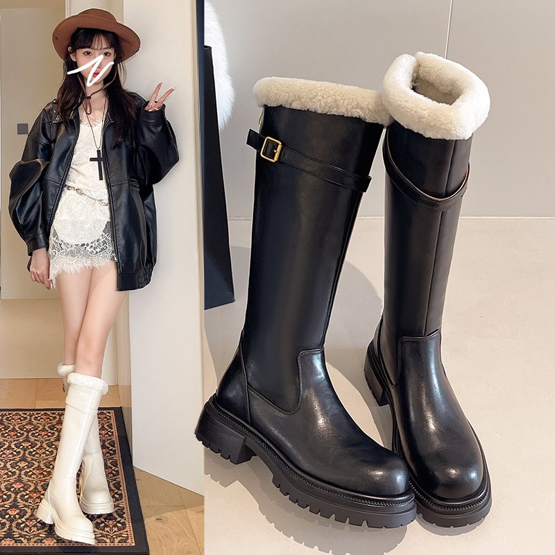 软皮羊羔毛靴子女冬季2025新款白色长筒靴厚底雪地靴加绒高筒长靴