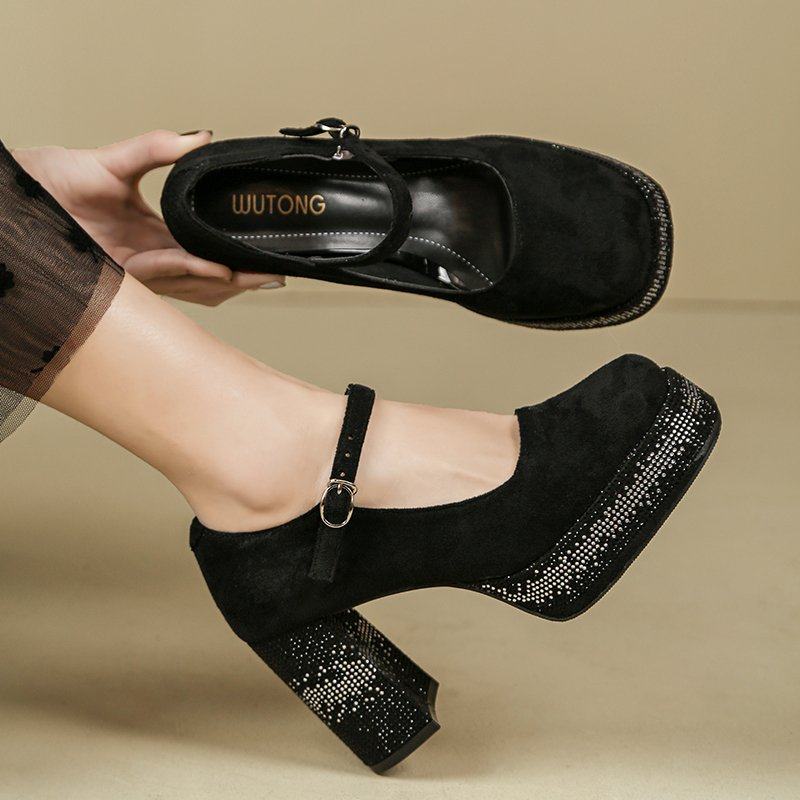 水钻粗跟玛丽珍小皮鞋女2026春季新款高跟鞋厚底复古增高圆头单鞋,女鞋,浅口单鞋,淘宝优惠券,粉丝福利购,淘宝优惠卷