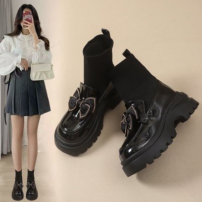 黑色马丁靴女2025年春秋新款蝴蝶结小皮鞋拼接弹力袜靴女法式短靴