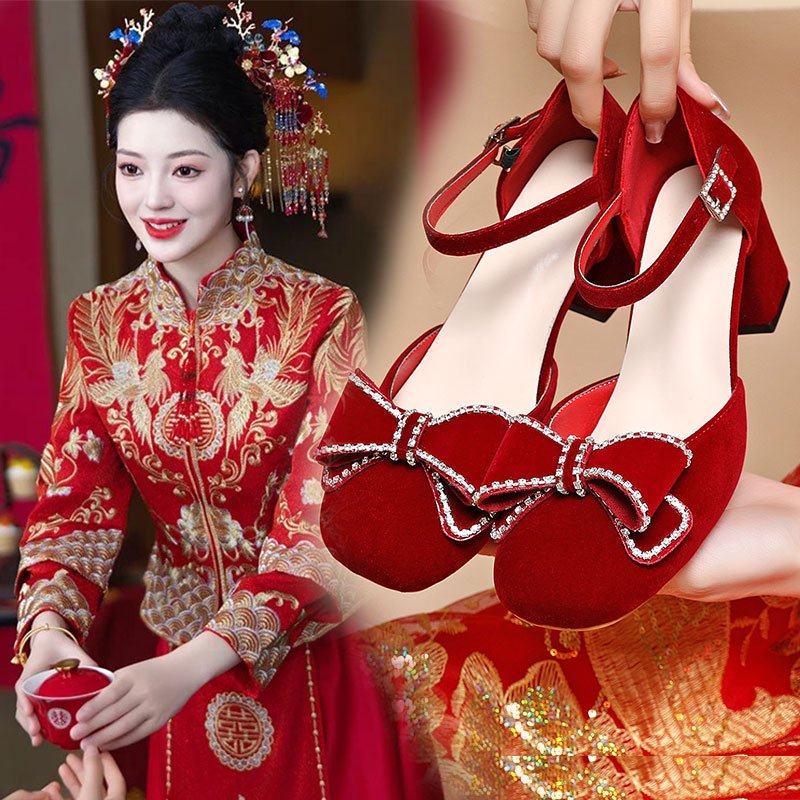 漂亮红色婚鞋高跟鞋女禾秀婚纱红鞋结婚新娘鞋配旗袍订婚大0726d图片