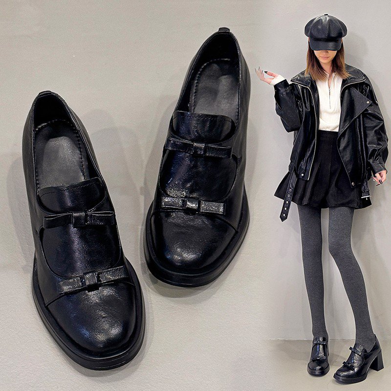 高跟乐福鞋女2025新款小个子粗跟单鞋黑色百搭一脚蹬深口jk小皮鞋