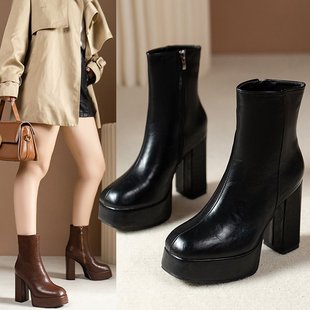 2024秋冬显瘦ZA骑士靴子防水台超高跟粗跟短靴女黑色侧拉链及踝靴