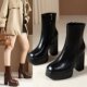 2024秋冬显瘦ZA骑士靴子防水台超高跟粗跟短靴女黑色侧拉链及踝靴