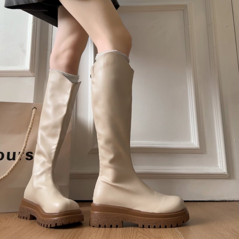 靴子女长筒靴2025秋冬新款黑色高筒长靴白色骑士靴显瘦厚底马丁靴