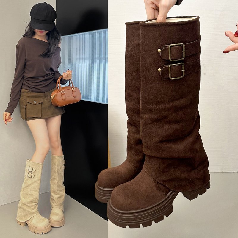 软皮版~复古裤管靴厚底粗跟高跟高筒堆堆靴两穿短筒靴可拆卸长靴