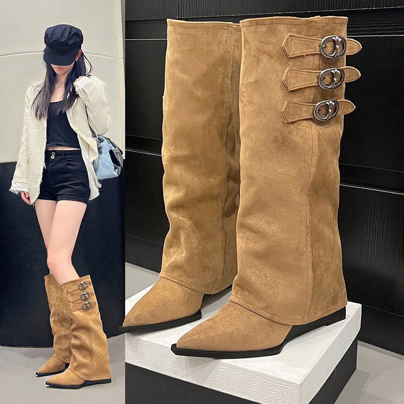 尖头内增高裤管靴皮带扣长筒靴子女2025秋冬新款巨好看高筒骑士靴