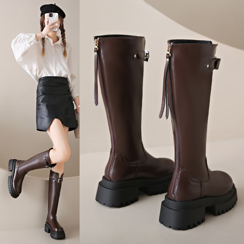 厚底小个子棕色美拉德中筒骑士靴女鞋2024年新款春秋冬季复古长靴